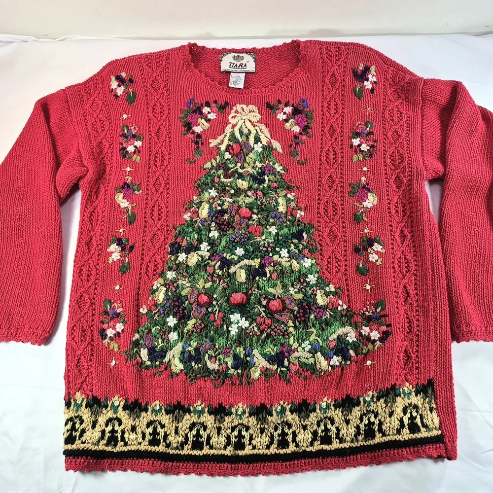 Vintage Tiara International Red Embroidered Beaded Christmas Tree Ugly Sweater L - Picture 5 of 9